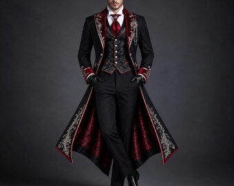 Men’s Black Burgundy Victorian Suit | Gothic Tailcoat Costume | Steampunk Formal Wear