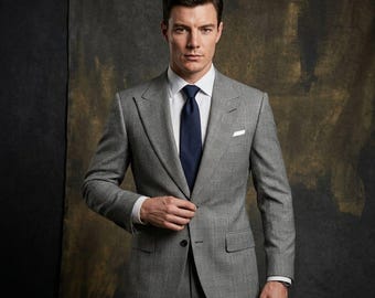 James Bond 007 Grey Glen Plaid Suit Men, Slim Fit Peak Lapel Wedding Attire