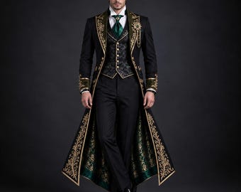 Men’s Black Victorian Suit | Gothic Tailcoat & Vest Set | Baroque Royal Formal Costume