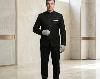 007 First Light Black Bandhgala Suit Men Military Style Mandarin Collar Formal Set