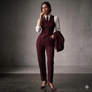 May include: A deep burgundy three-piece suit consisting of a tailored waistcoat with buttons, matching trousers with a pressed crease, and a blazer draped over one arm. The suit is worn over a crisp white long-sleeved button-down shirt with a dark tie.