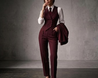 Dark Academia Suit | Burgundy 3 Piece Blazer Waistcoat Trousers | Women's Wedding Suit