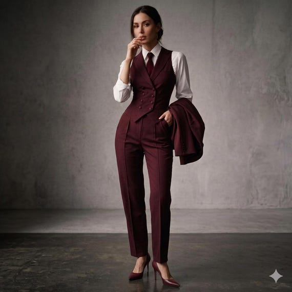 Dark Academia Suit | Burgundy 3 Piece Blazer Waistcoat Trousers | Women's Wedding Suit