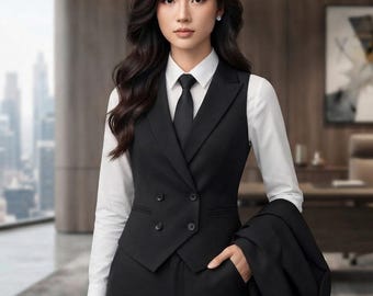 Women's Black 3 Piece Suit | Women Business Costume | Formal Vest Set