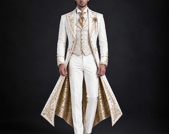 Men’s Ivory White Coat | Gold Embroidered 3 Piece Suit | Wedding Groom Wear