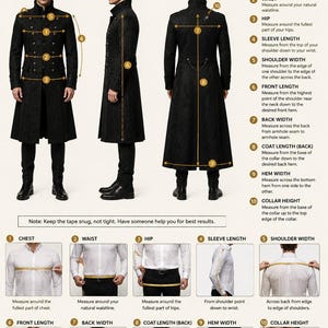 May include: An instructional infographic for a black long coat, featuring front, side, and back views. It includes numbered diagrams illustrating how to measure chest, waist, hip, sleeve length, shoulder width, front length, back width, coat length, hem width, and collar height using a measuring tape.