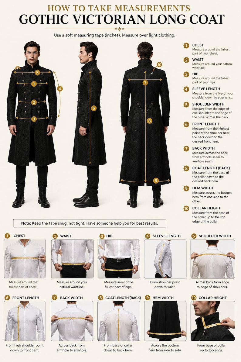 May include: An instructional infographic for a black long coat, featuring front, side, and back views. It includes numbered diagrams illustrating how to measure chest, waist, hip, sleeve length, shoulder width, front length, back width, coat length, hem width, and collar height using a measuring tape.