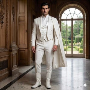 Puede incluir: Un traje blanco de tres piezas compuesto por una chaqueta entallada, un chaleco abotonado y pantalones a juego. El conjunto incluye una capa blanca larga y fluida sobre los hombros y botas de cuero blanco. El atuendo presenta un cuello alto.
