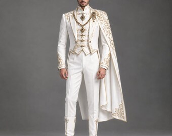 Men’s Ivory White Royal Tailcoat | Gold Embroidered 4 Piece Suit | Wedding Cape Costume