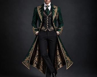 Men's Emerald Green Royal Tailcoat | Gold Embroidered 3 Piece Suit | Halloween Costume