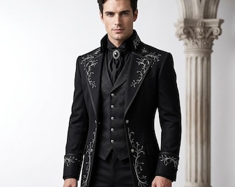 Black Gothic Tailcoat Suit Men | Victorian Vampire Costume | Silver Embroidered Set
