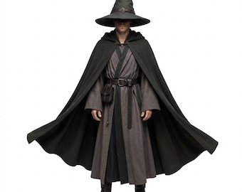 Robe de mage médiévale pour homme | Cape fantastique à capuche | Tenue de sorcier GN Renaissance