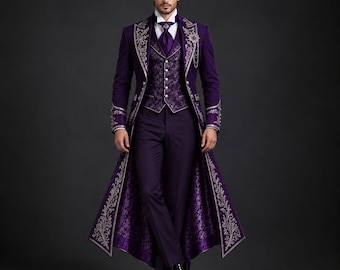 Men’s Royal Purple Tailcoat | Silver Embroidered 3 Piece Suit | Gothic Halloween Costume