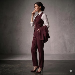 May include: A deep burgundy three-piece suit consisting of tailored trousers, a button-up waistcoat, and a matching blazer draped over the arm, worn over a crisp white long-sleeved collared shirt with dark burgundy pointed-toe high heel pumps.