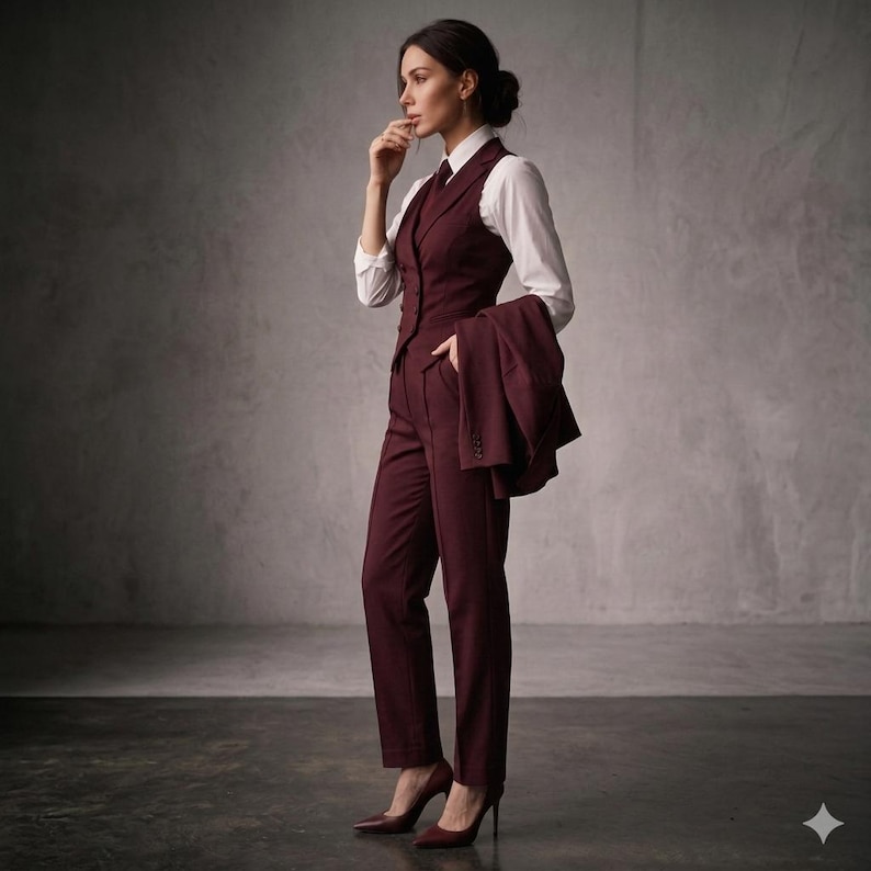 May include: A deep burgundy three-piece suit consisting of tailored trousers, a button-up waistcoat, and a matching blazer draped over the arm, worn over a crisp white long-sleeved collared shirt with dark burgundy pointed-toe high heel pumps.