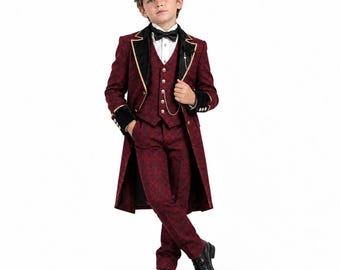 Boys Burgundy Victorian Gothic Suit | 3-Piece Tailcoat Costume | Steampunk Formal Party Outfit