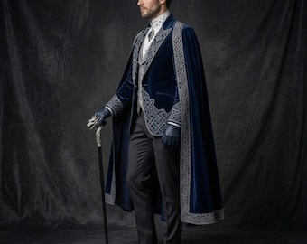 Gothic Celtic Velvet Cape Suit Men | Navy Blue Aristocrat Formal Costume Set