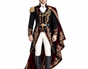 Men's Black Gold Royal Coat | Baroque Napoleonic Cape Costume | Victorian Prince Suit