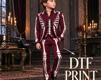 Boys Skeleton Halloween Suit | Gothic 3-Piece Costume | Victorian Bone Print Coat Pants Vest