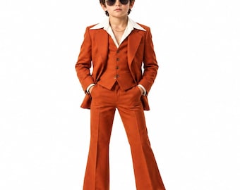 Kids Burnt 70s Retro Orange 3-Piece Suit | Vintage Wide Lapel Waistcoat | Disco Prom Outfit