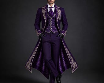 Men’s Royal Purple Gothic Tailcoat | Gold Embroidered 3 Piece Suit | Halloween Costume