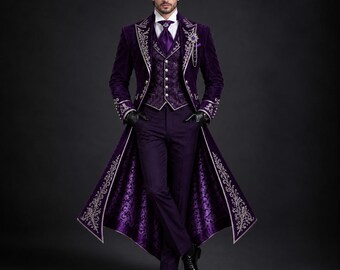 Men’s Royal Purple Tailcoat | Silver Embroidered 3 Piece Suit | Halloween Costume