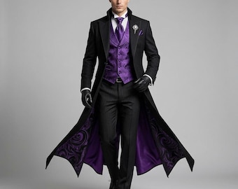 Men Gothic Victorian Tailcoat Suit | Purple Baroque Waistcoat | Halloween Wedding