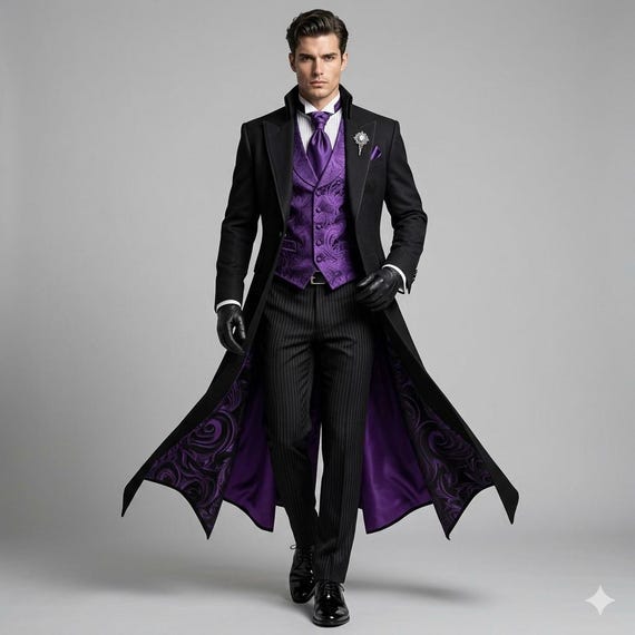 Men Gothic Victorian Tailcoat Suit | Purple Baroque Waistcoat | Halloween Wedding
