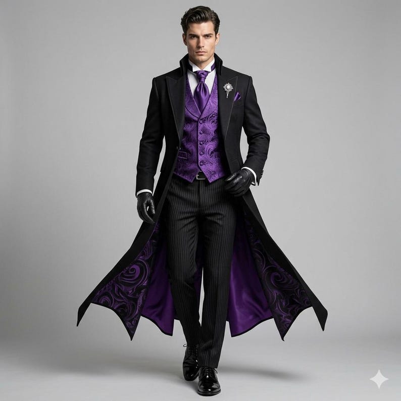 Men gothic victorian tailcoat suit black with royal purple baroque jacquard waistcoat