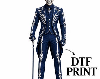 Men's Skeleton Suit | Blue Gothic Tailcoat | Halloween Costume Vest and Pants 4-Piece Suit Set