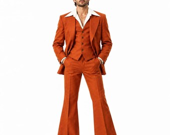 Men's Burnt Orange 70s Retro Suit | Wide Lapel, Flared Bell Bottoms (3-Piece Set)