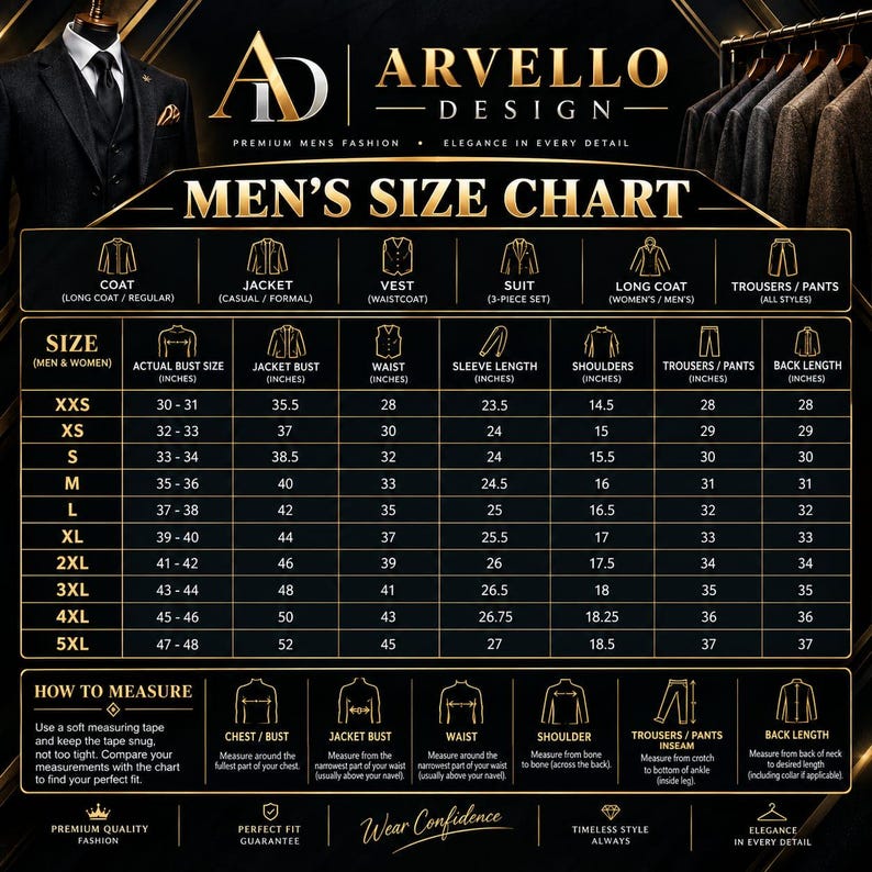 May include: A black and gold Arvello Design size chart for clothing, featuring a table with measurements in inches for sizes XXS to 5XL. The chart includes categories for coat, jacket, vest, suit, long coat, and trousers, with instructions on how to measure.