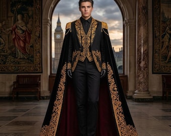 Puede incluir: Un traje negro que incluye un chaleco y una capa larga, ambos adornados con intrincados bordados dorados. El conjunto consta de camisa negra, pantalones negros y guantes negros. La capa presenta hombreras doradas y un forro interior rojo.