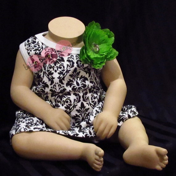 Items similar to damask black & white dress with silk flower for baby