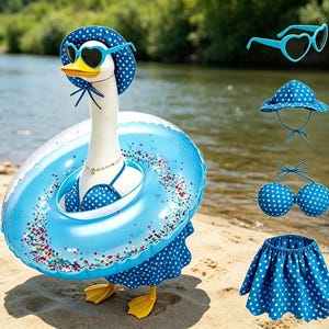 May include: A whimsical image of a goose dressed for the beach. The goose wears a blue polka-dot bikini, skirt, and hat, along with heart-shaped sunglasses. A blue inflatable ring surrounds the goose, and it stands on a sandy beach.