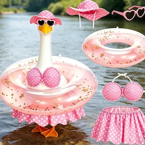May include: A whimsical pink inflatable swan pool float with matching accessories. Includes a polka-dot sun hat, heart-shaped sunglasses, a swim ring, a bikini top, and a skirt. The float has gold star accents and is set in water.