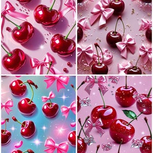 May include: A collage of four images featuring glossy red cherries and pink satin bows. The cherries have green stems and are scattered across a pink and blue background. Some bows have silver glitter.