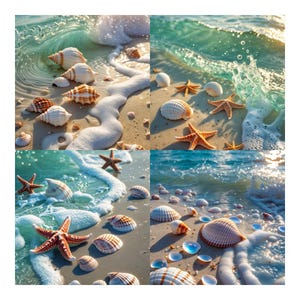 May include: A four-panel collage showing seashells and orange starfish on a sandy beach shore. The images feature white foam from incoming ocean waves washing over the sand, with various textured shells and sea creatures scattered along the wet coastline.