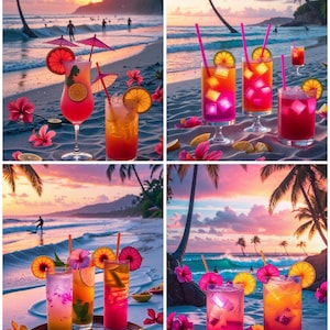 May include: A collage of four beach scenes at sunset, each featuring colorful cocktails with garnishes like orange slices and miniature umbrellas. Pink hibiscus flowers and palm trees frame the drinks, creating a tropical vibe.