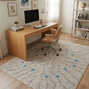 May include: A rectangular area rug featuring a repeating pattern of grey wavy lines radiating from a central point, accented with small white and bright blue star shapes scattered across the surface, placed on a light-coloured wooden floor.