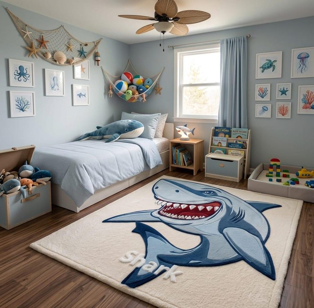 Shark Rug for Kids Room, Ocean Nursery Area Rug, Boys Bedroom Decor ...