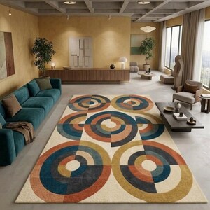 Mid-Century Modern Geometric Area Rug, Retro Circle Pattern Living Room Carpet, Large Abstract Floor Decor for Modern Home Styling