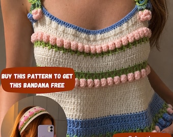 Top de ganchillo con diseño de tulipanes, rayas florales, top corto de verano (patrón en PDF)