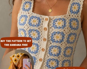 May include: A sleeveless crochet top constructed from square motifs featuring a white, light blue, and yellow floral pattern. The garment has a square neckline and a front button placket with five light brown wooden buttons. A small inset shows a yellow, white, and brown sunflower-patterned crochet bandana.