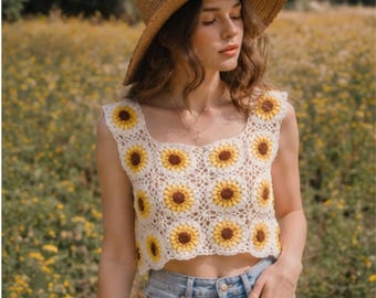 Patrón de top corto de ganchillo con diseño de girasoles, cuello cuadrado, estilo boho festivalero (descarga en PDF)