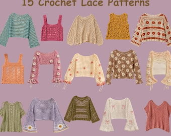 Patrón de top de crochet estilo boho, paquete de 15 PDFs, top sin mangas de malla con mangas acampanadas, patrones de ropa de playa de verano