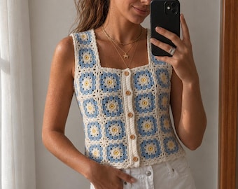 Daisy Granny Square Crochet Crop Top, Crochet PDF Pattern, Daisy Crochet Top, Daisy Crop Top