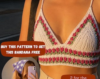 Patrón de top halter de ganchillo con forma de capullo de rosa, bralette floral, ropa de playa de verano (patrón en PDF)