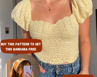 Patrón de top corto de crochet con mangas abullonadas y escote corazón – Estilo cottagecore (Descarga en PDF)