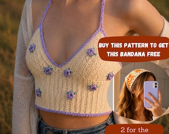 Patrón de bralette de ganchillo con diseño de rosa lavanda, top halter de nivel intermedio (descarga en PDF)